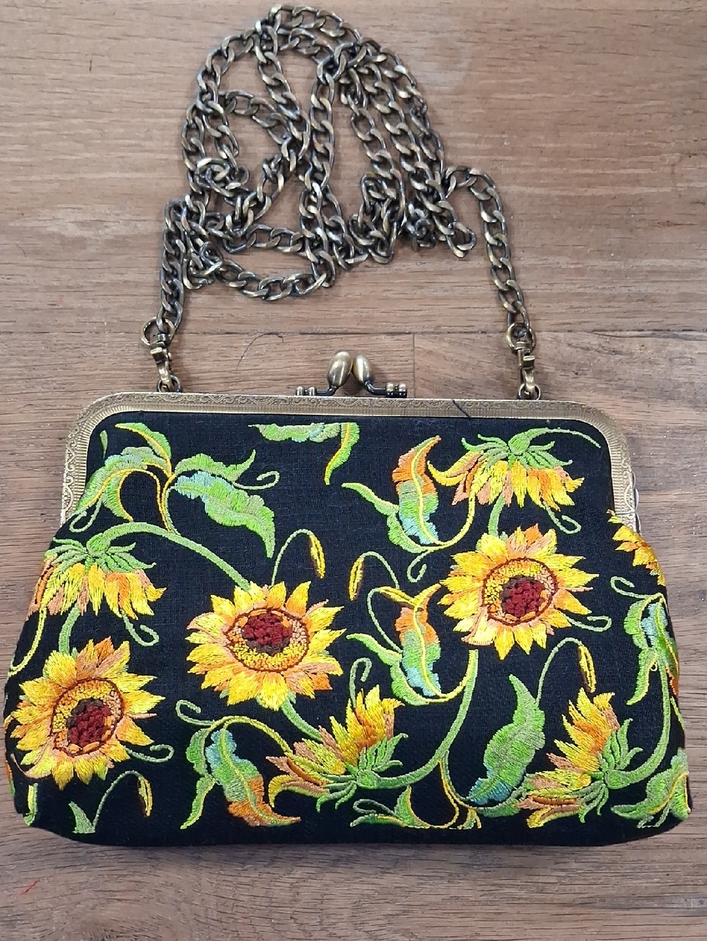 Sunflower Embroidered Black Frame Crossbody Bag